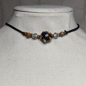 Brown Star Y2K Hippie Boho Ceramic Silver Swirl Spiral Beaded Choker Necklace